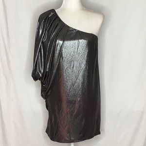 Aqua Dresses Metallic Silver Black One Shoulder Pleated Cocktail Party Dress 4